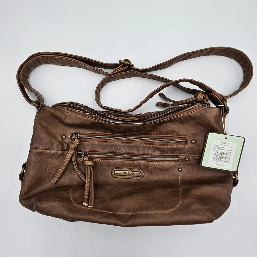 Stone & Co Purse Handbag Crossbody Adjustable Strap Faux‎ Leather Hobo Cognac